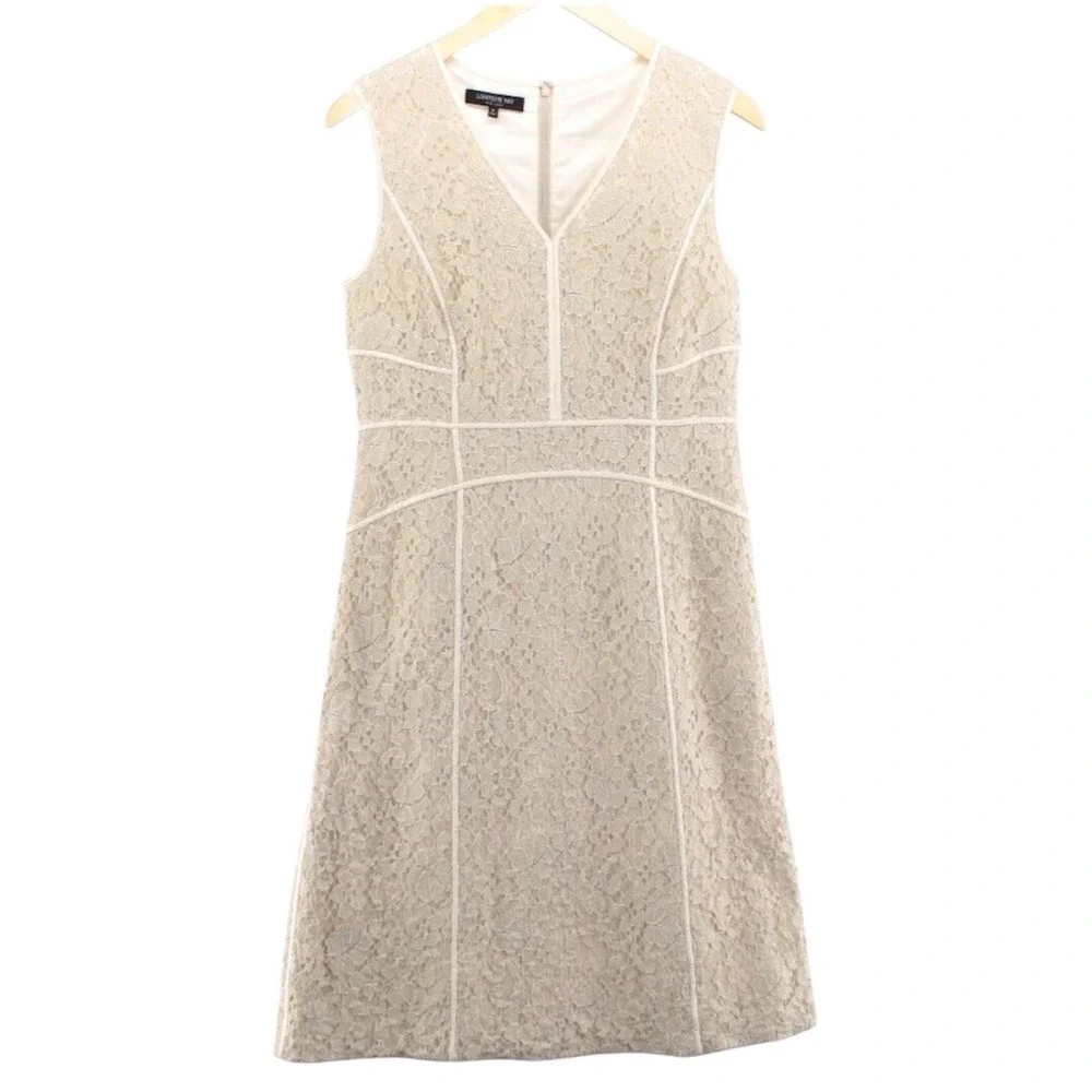 Lafayette 148 New York Women's Sleeveless V Neck Lace Overlay Dress 6 Bone Cream - Picture 8 of 8